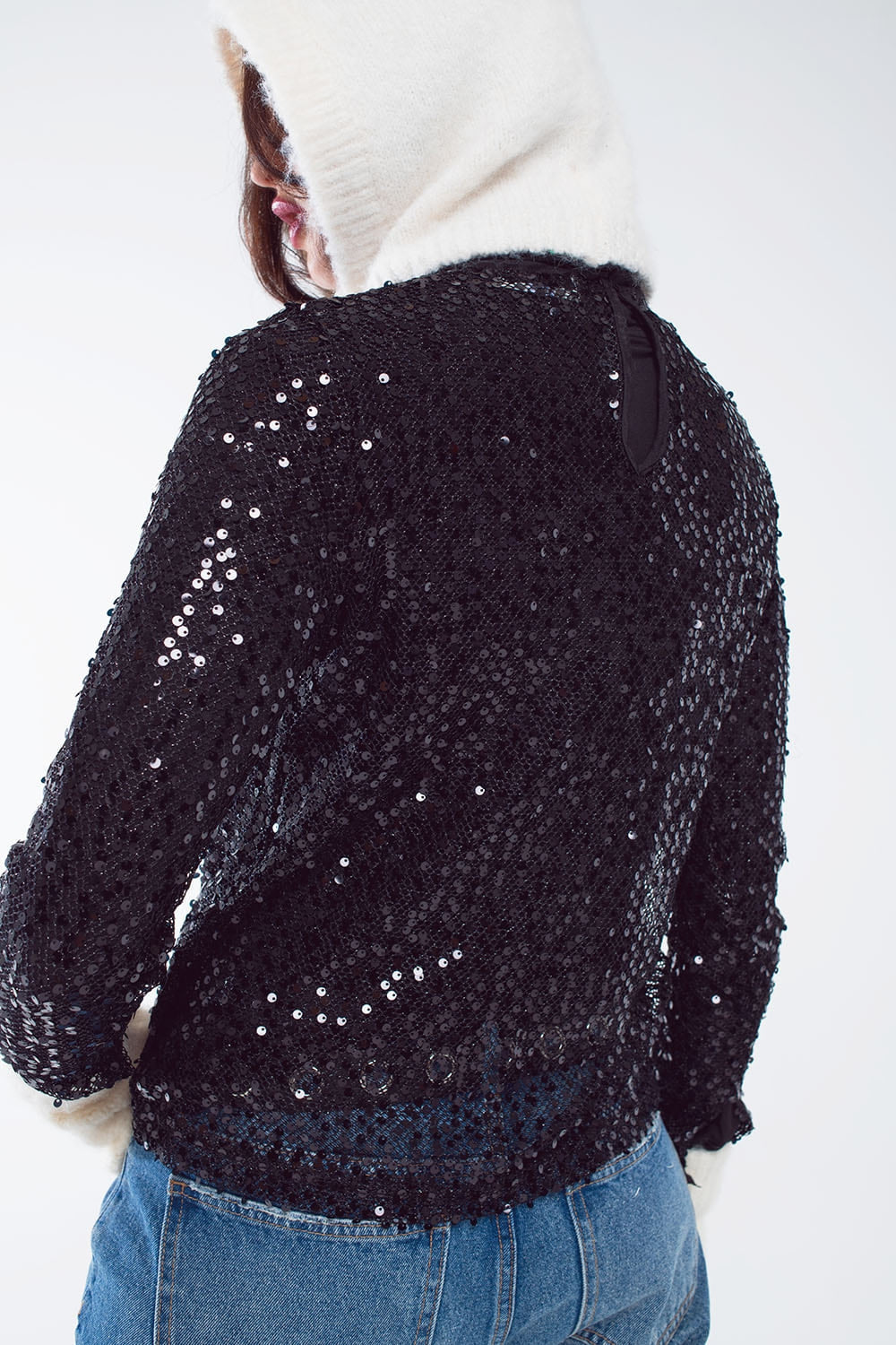 Long sleeve sequin top in black Q2 Tops BoutiqueLua