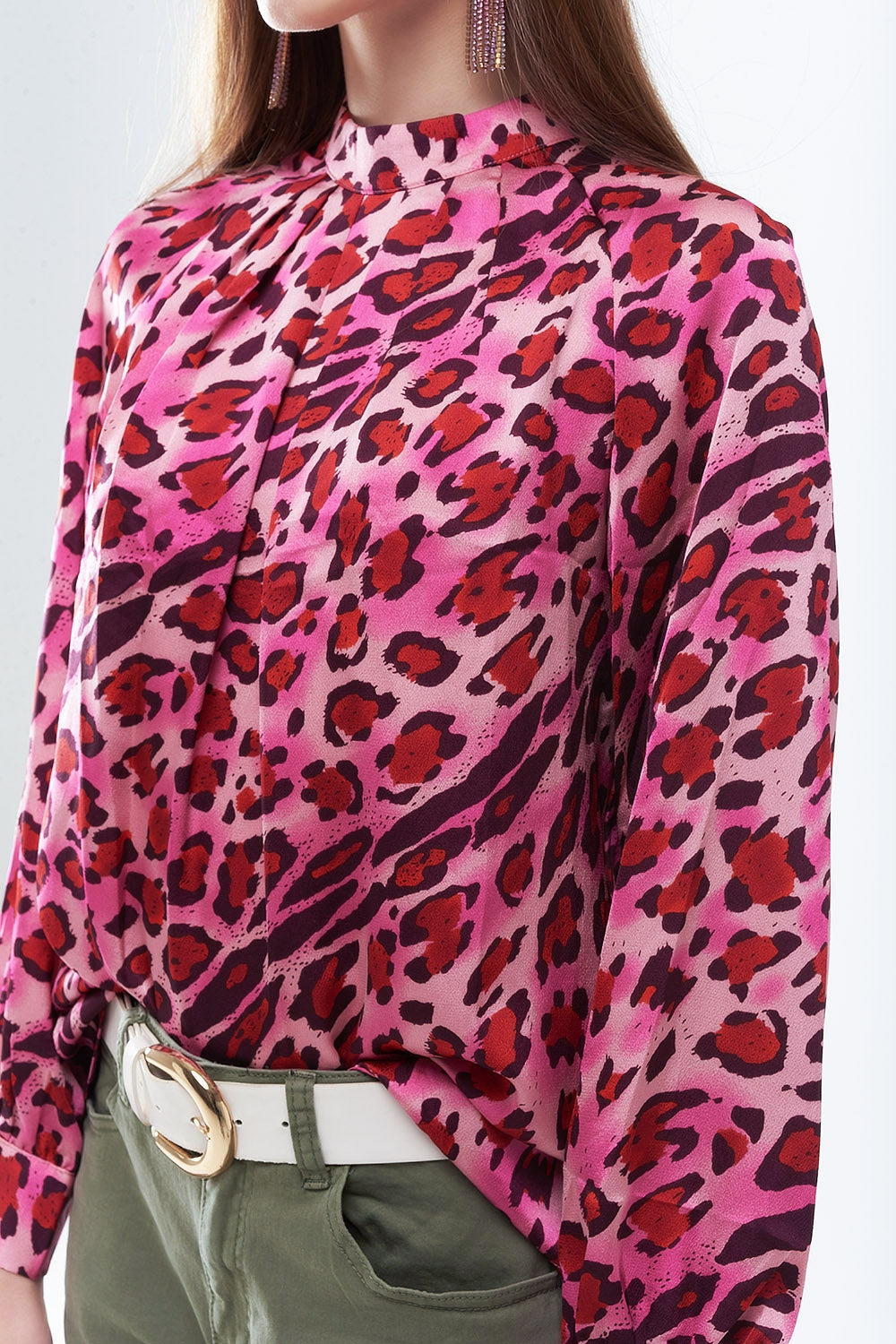 Long Sleeved Blouse In Trendy Fuchsia Leopard Print