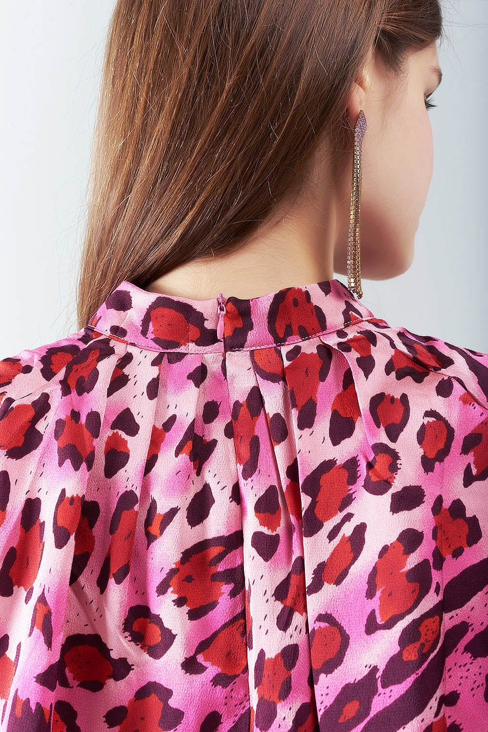 Long Sleeved Blouse In Trendy Fuchsia Leopard Print