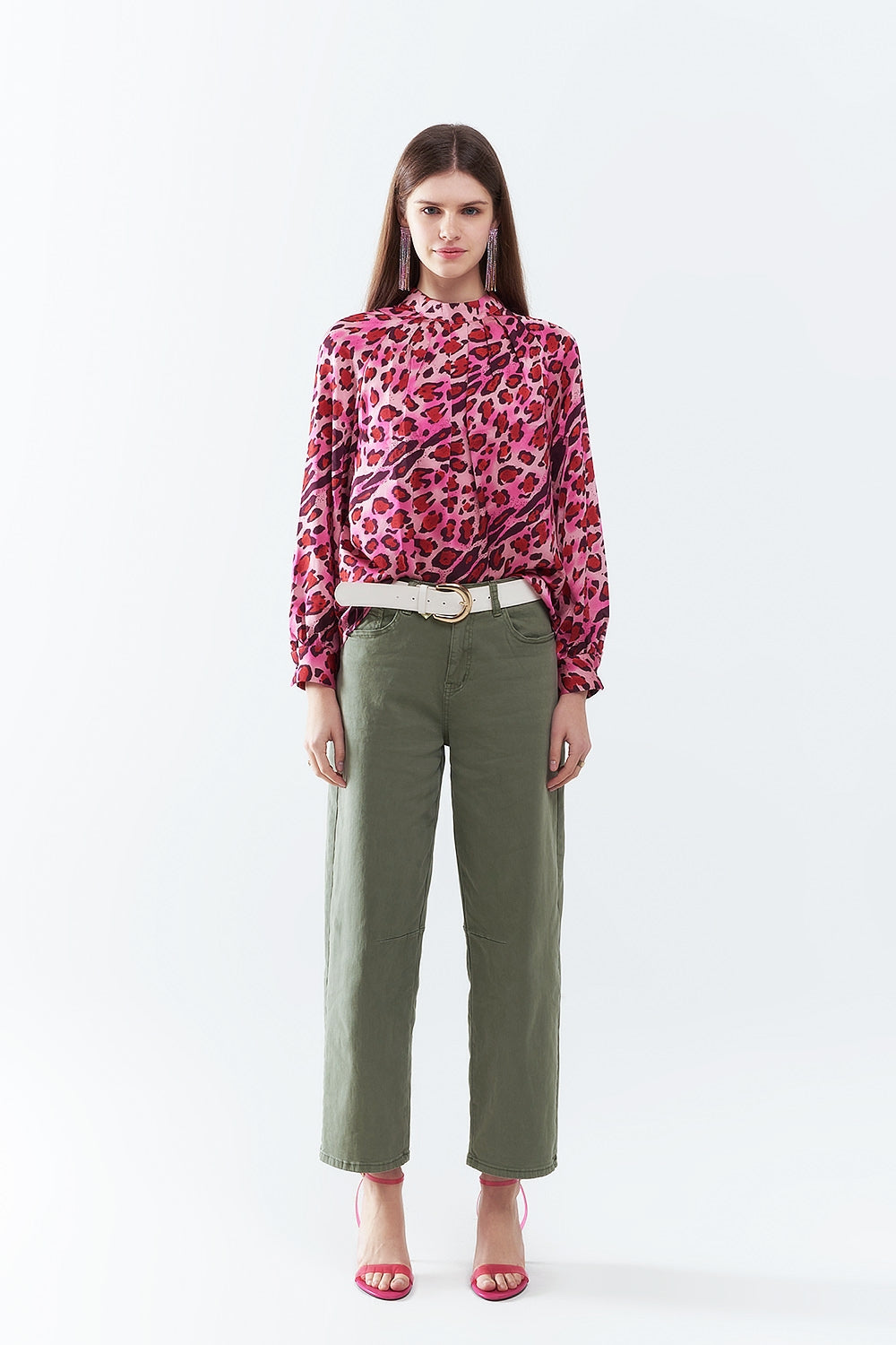 Long Sleeved Blouse In Trendy Fuchsia Leopard Print