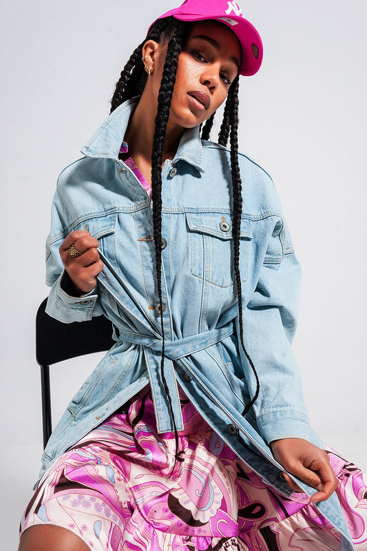 Longline denim jacket with belt in light blue wash - Jackets