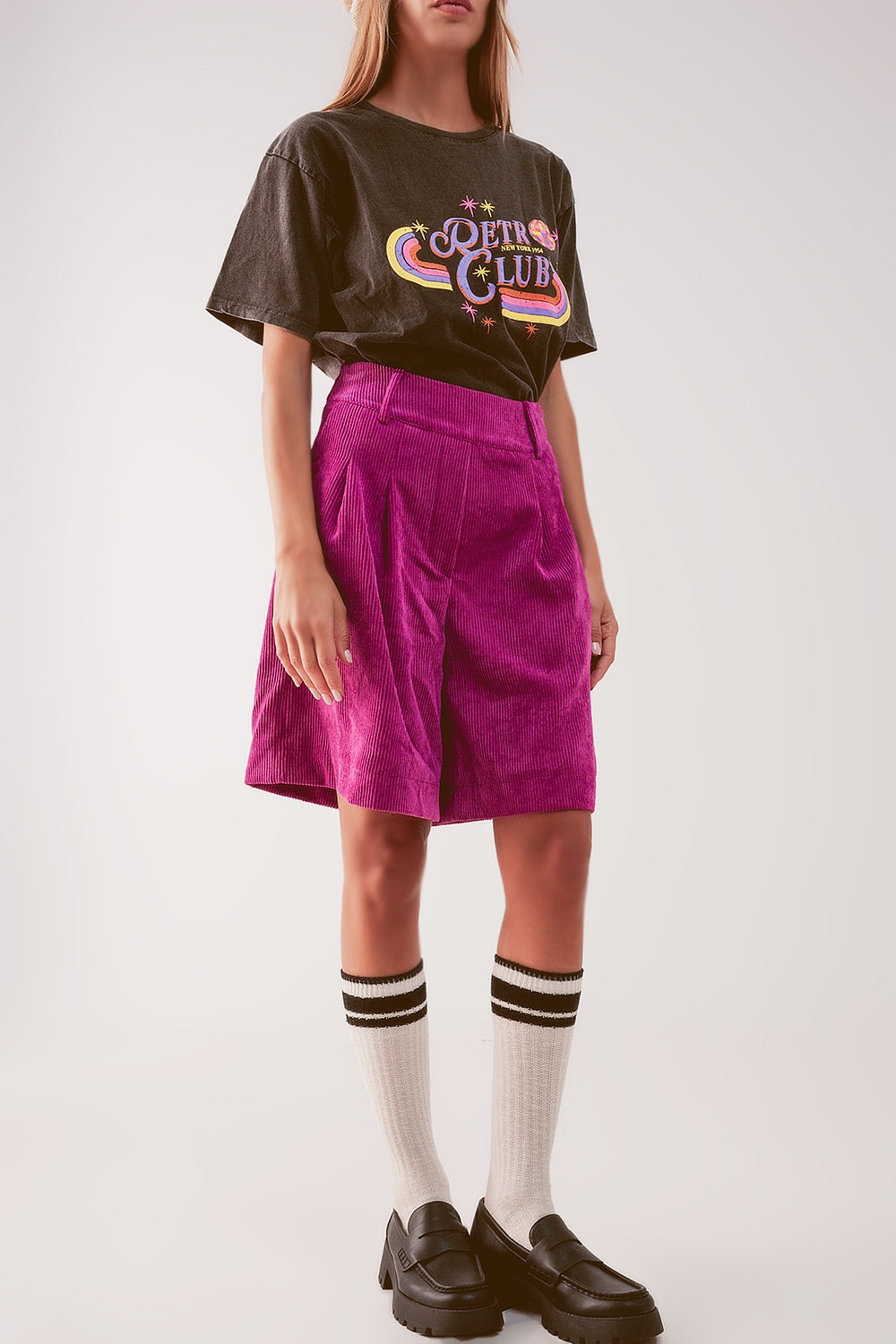 Longline short in fuchsia cord Q2 Pants BoutiqueLua