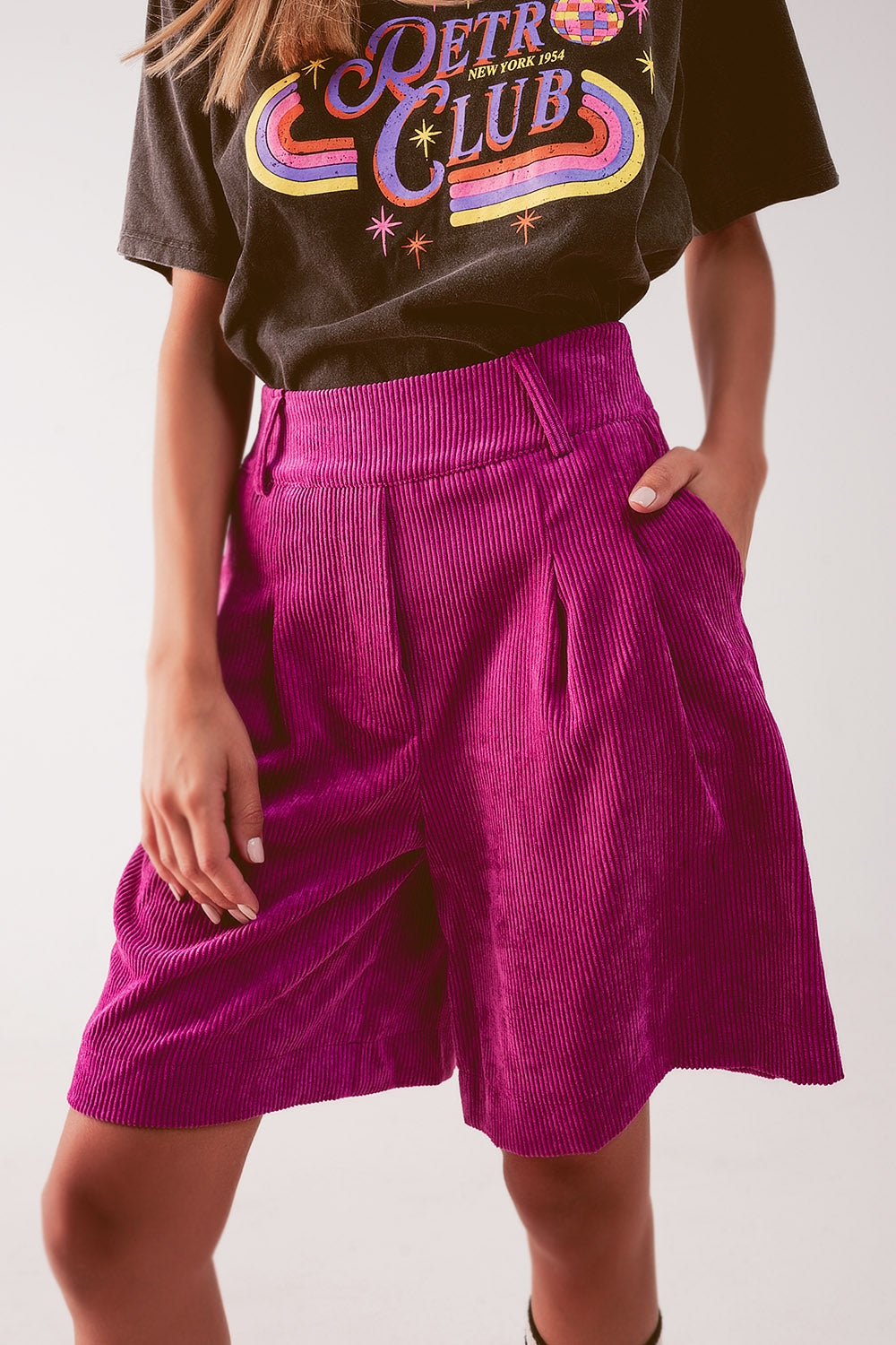 Longline short in fuchsia cord Q2 Pants BoutiqueLua