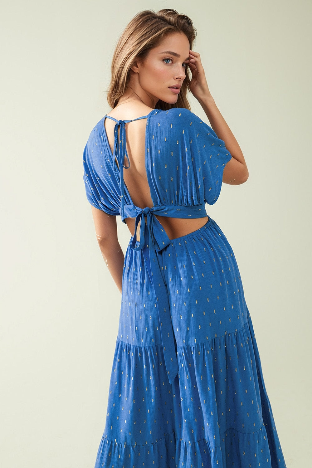 loose maxi blue dress sith golden details Q2 Dresses BoutiqueLua