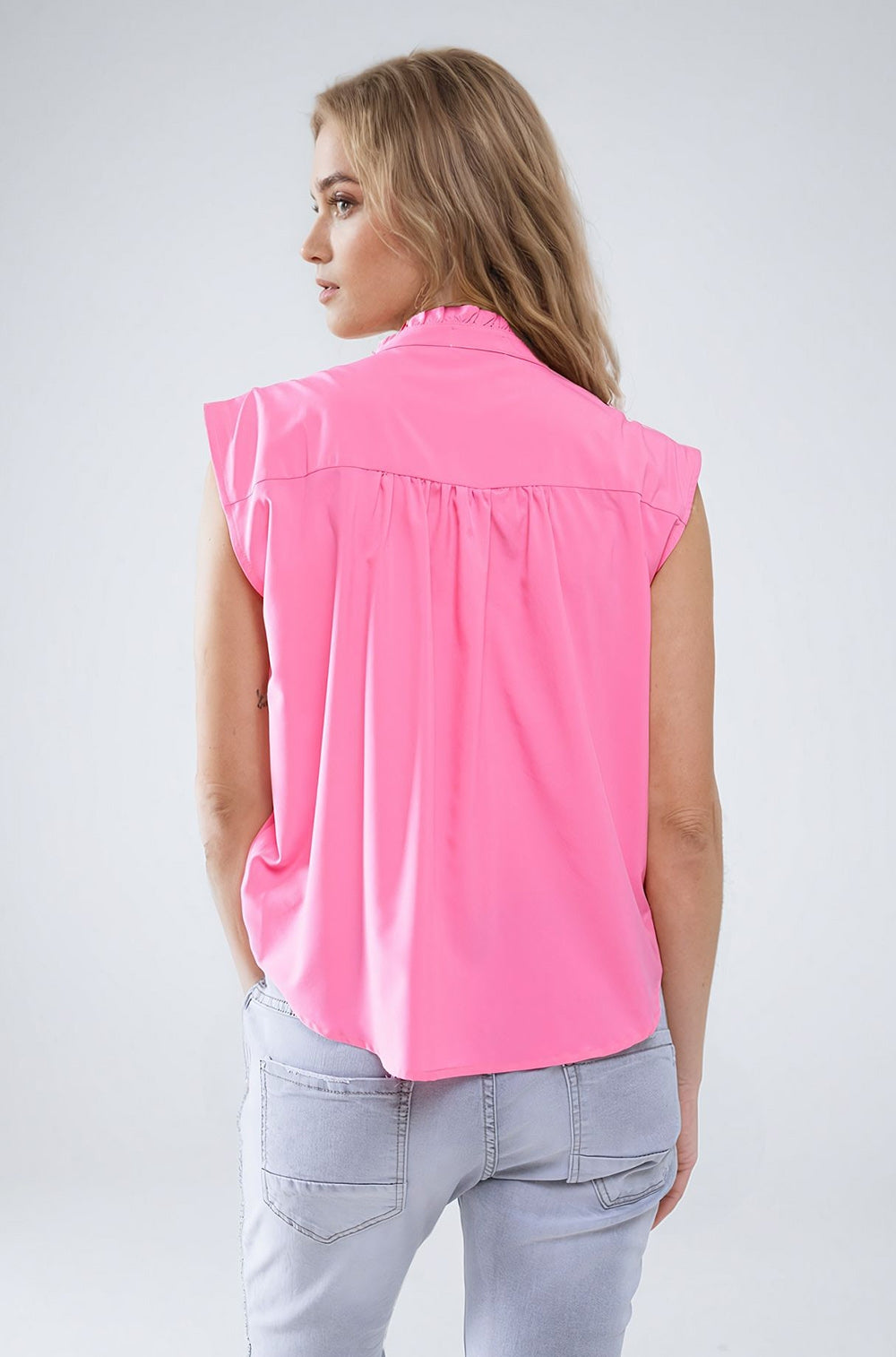 Mao Collar Sleeveless Pink Button up Blouse - Blouses