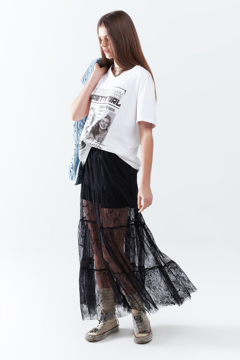 Maxi Black Lace Skirt with Floral Print