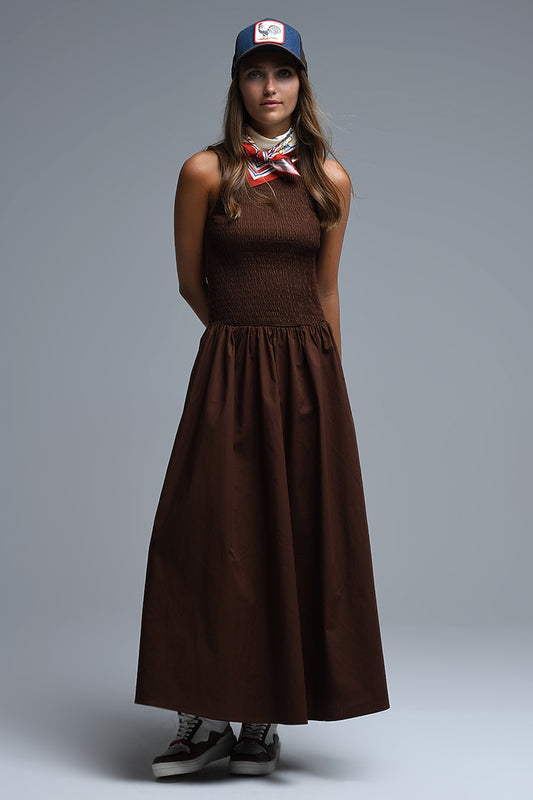 Maxi Brown Smocked Poplin Dress - Dresses