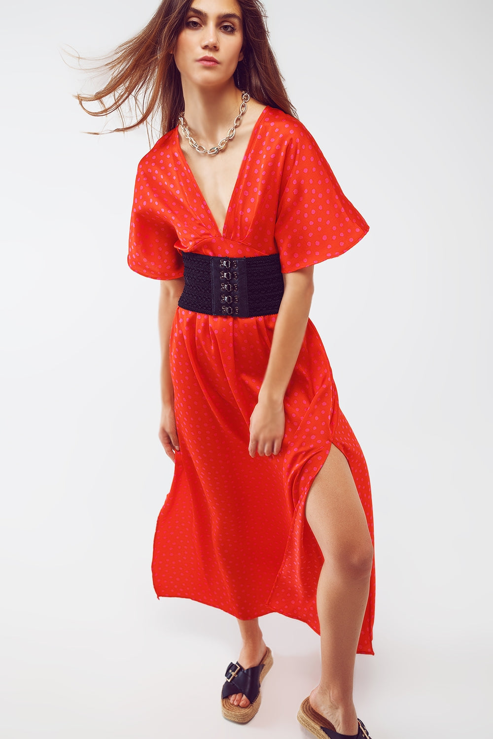 Maxi Cinched At The Waist Dress With Angel Sleeves In Red Polka Dot Q2 Dresses BoutiqueLua