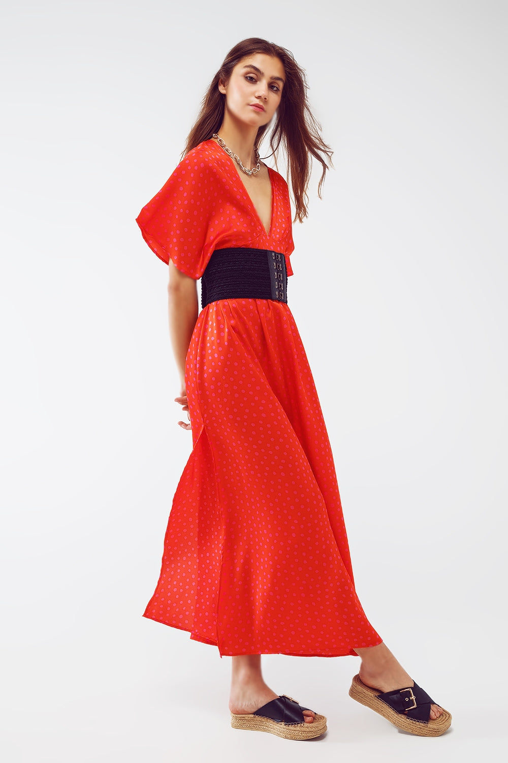 Maxi Cinched At The Waist Dress With Angel Sleeves In Red Polka Dot Q2 Dresses BoutiqueLua