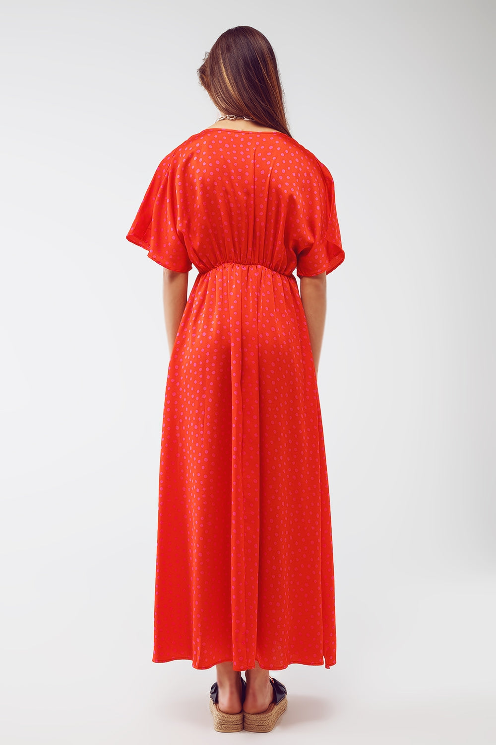 Maxi Cinched At The Waist Dress With Angel Sleeves In Red Polka Dot Q2 Dresses BoutiqueLua