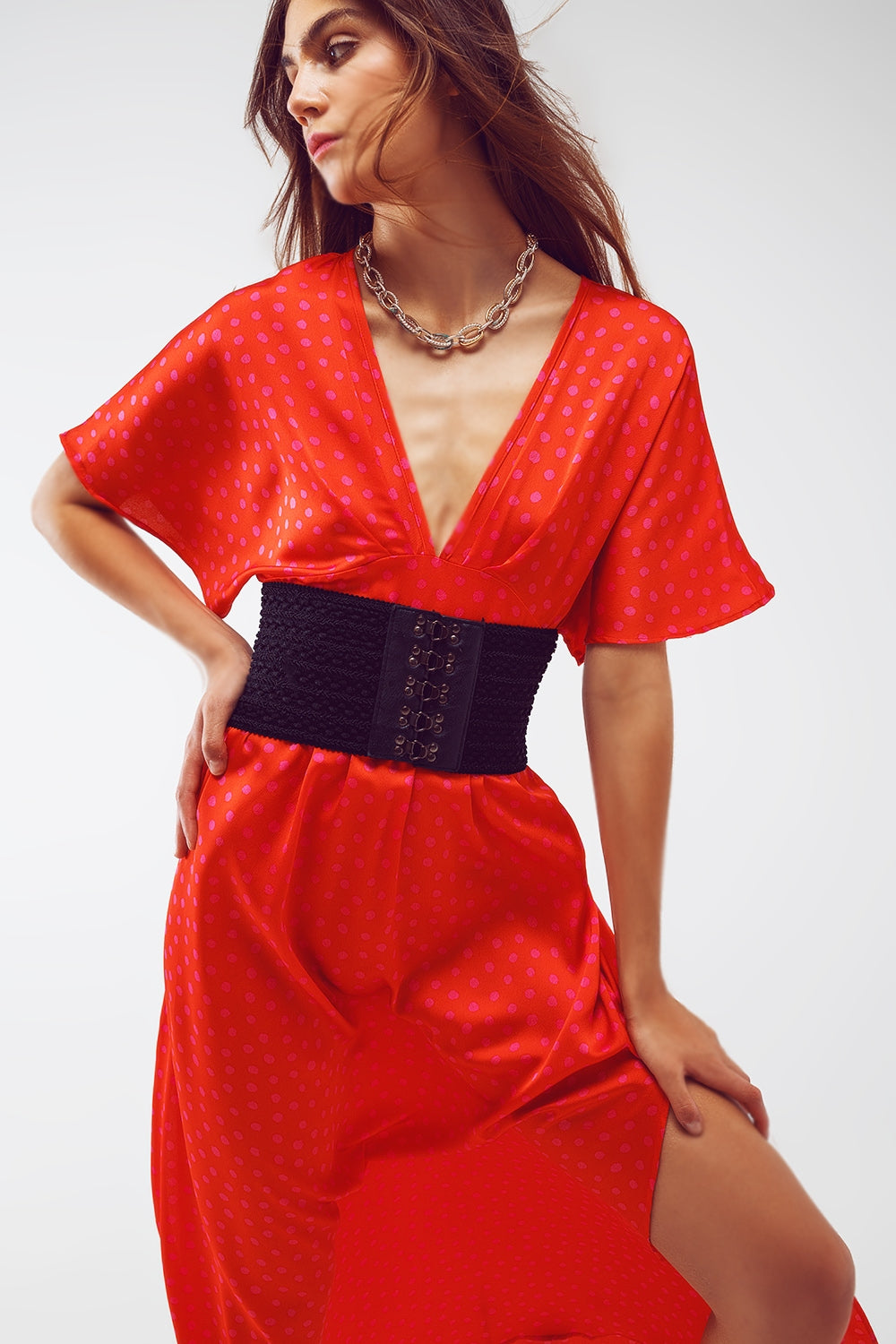 Maxi Cinched At The Waist Dress With Angel Sleeves In Red Polka Dot Q2 Dresses BoutiqueLua