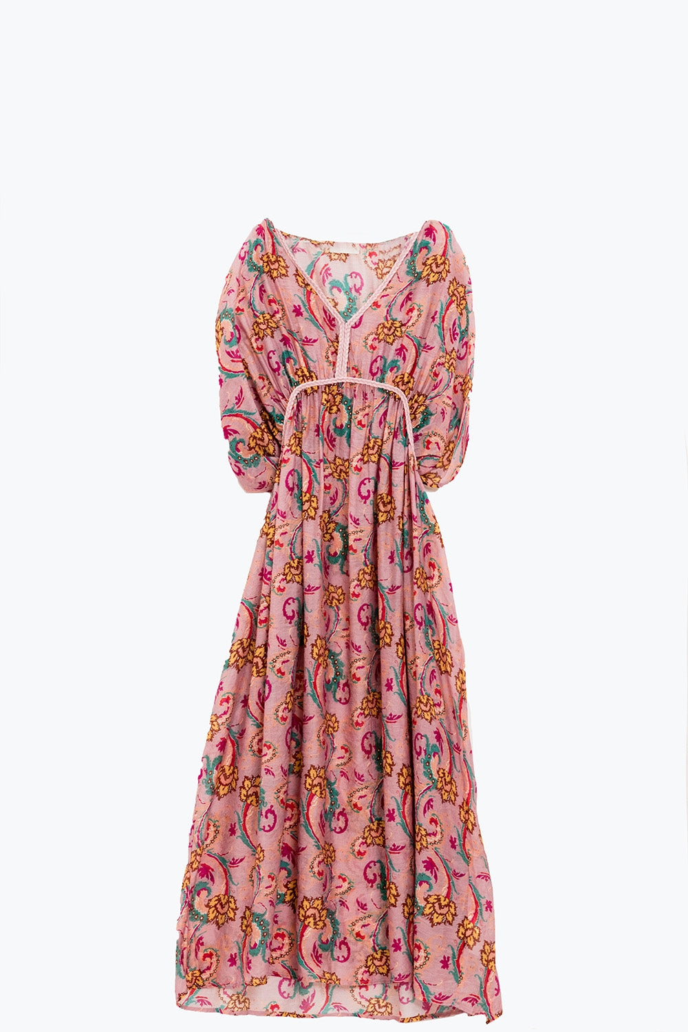 Maxi Dress In Pink With Braided Seams And Flower Print - Dresses