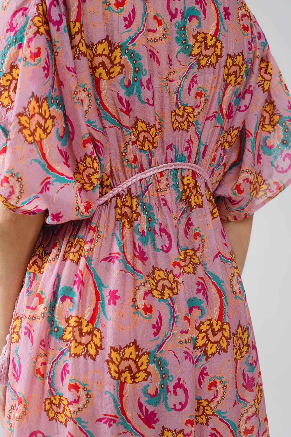 Maxi Dress In Pink With Braided Seams And Flower Print - Dresses