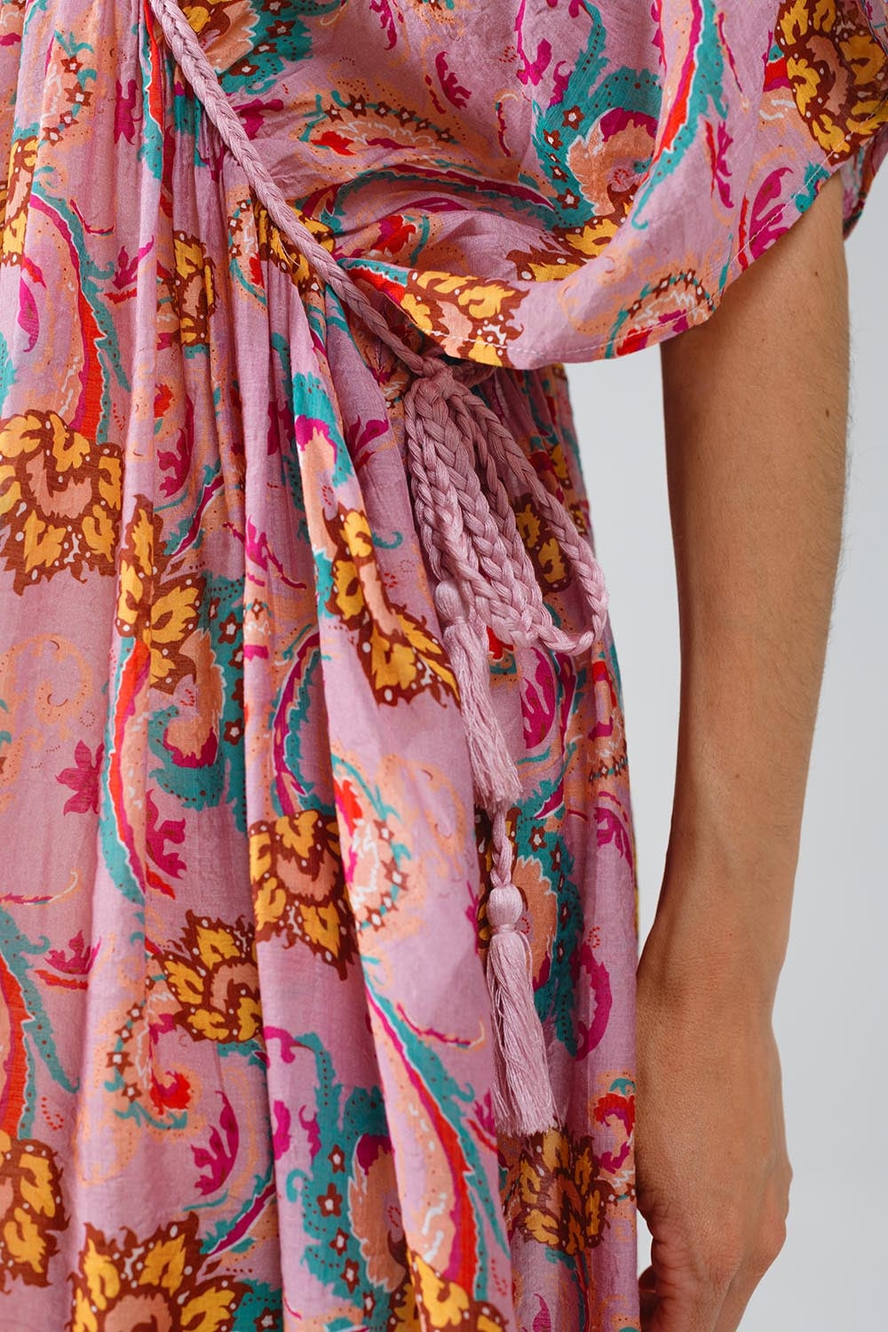 Maxi Dress In Pink With Braided Seams And Flower Print - Dresses