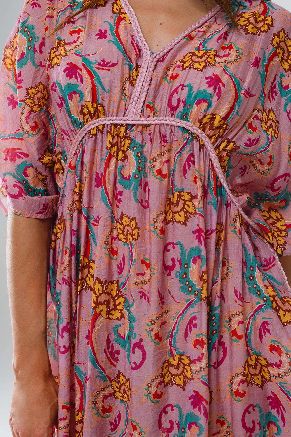 Maxi Dress In Pink With Braided Seams And Flower Print - Dresses