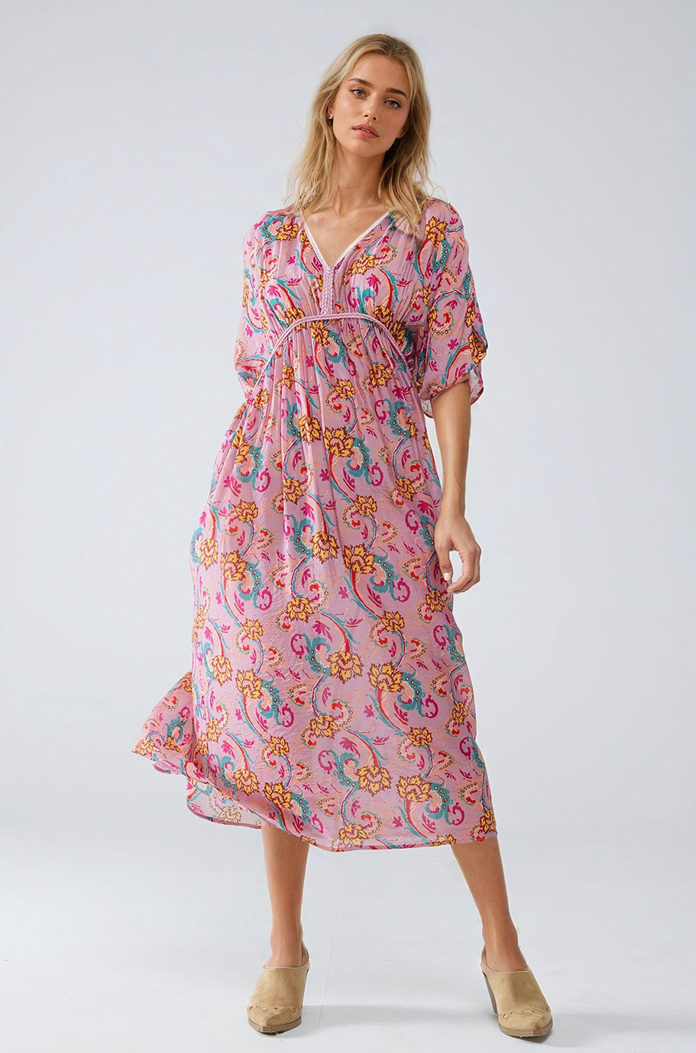 Maxi Dress In Pink With Braided Seams And Flower Print - Dresses