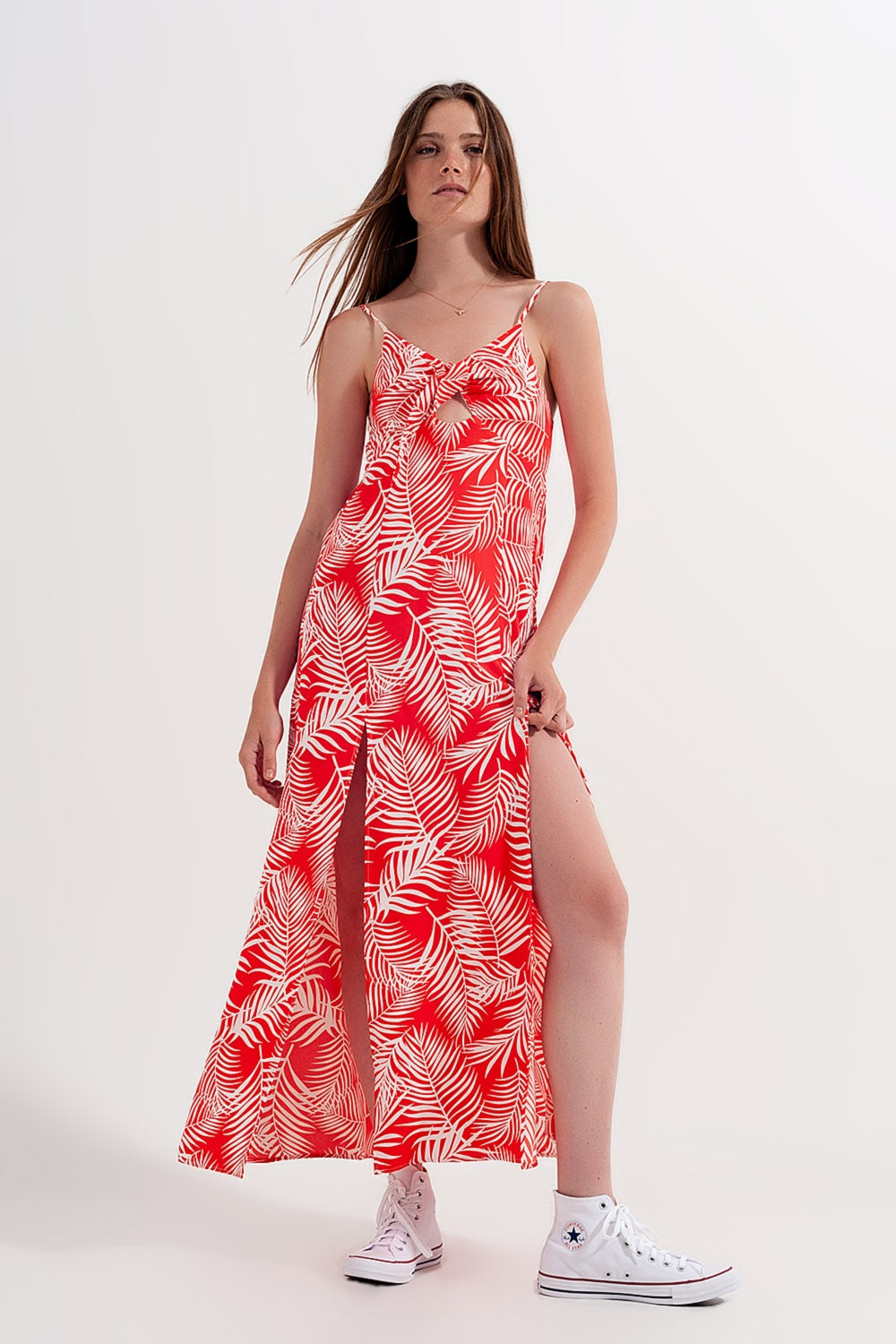 Maxi dress with splits in red leaves print Q2 Dresses BoutiqueLua