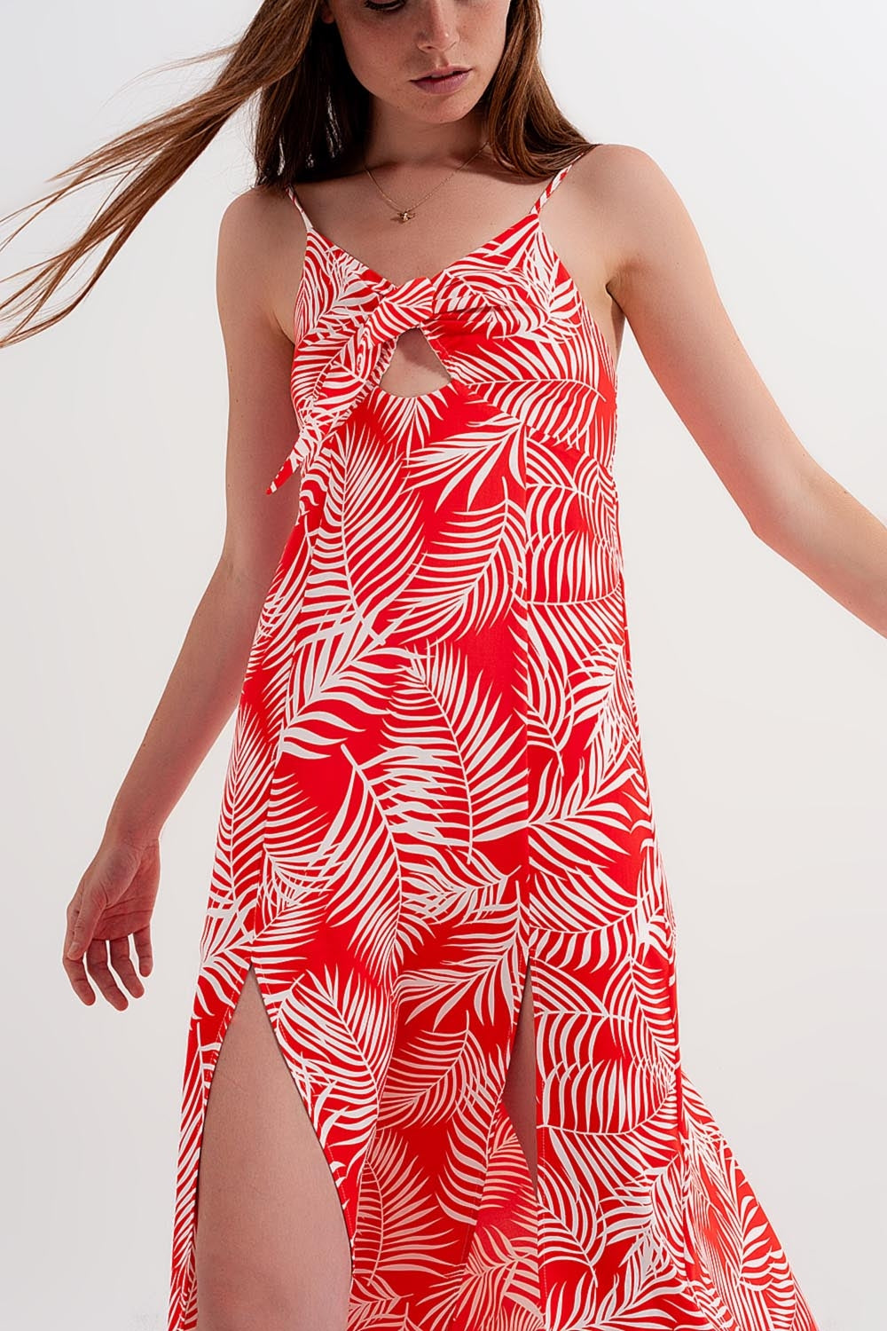 Maxi dress with splits in red leaves print Q2 Dresses BoutiqueLua