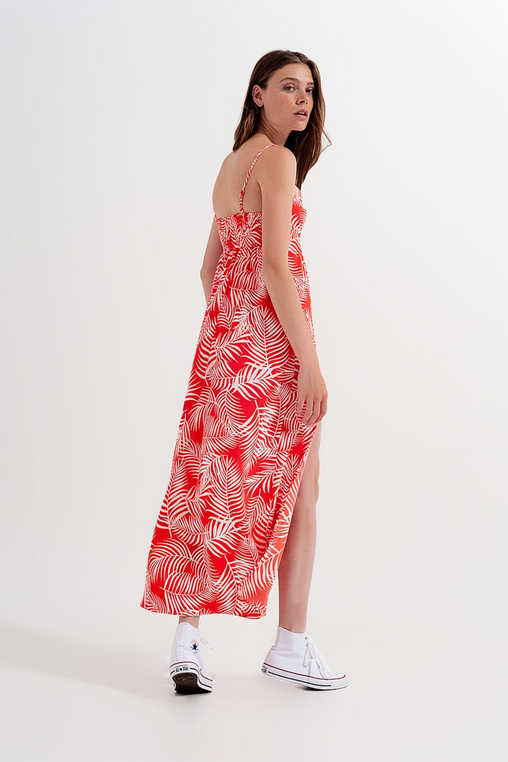 Maxi dress with splits in red leaves print Q2 Dresses BoutiqueLua