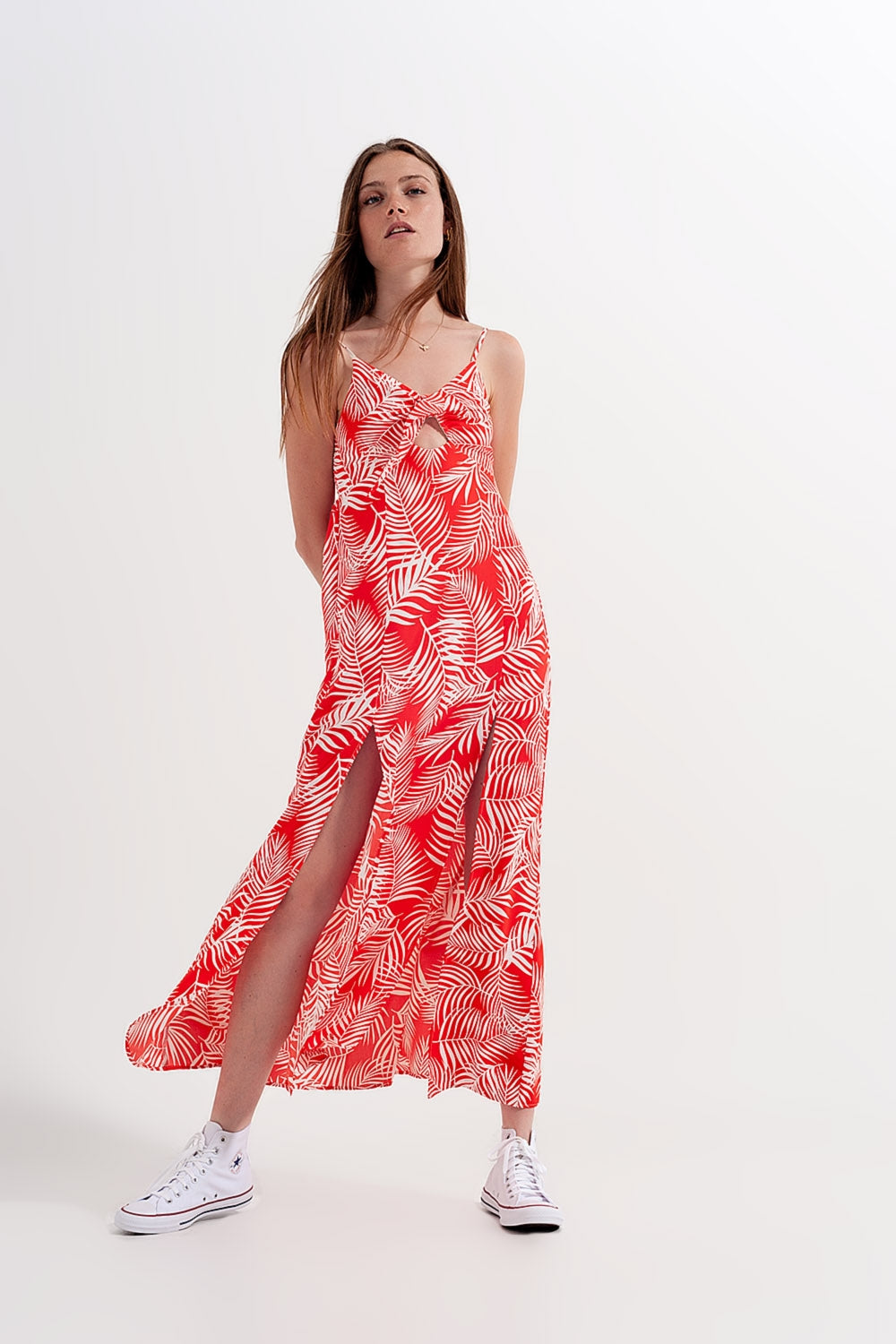 Maxi dress with splits in red leaves print Q2 Dresses BoutiqueLua