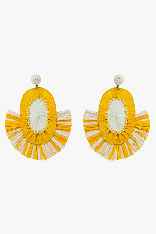 Maxi Dropped Raffia Earrings with Yellow and White Tassels - Accessories