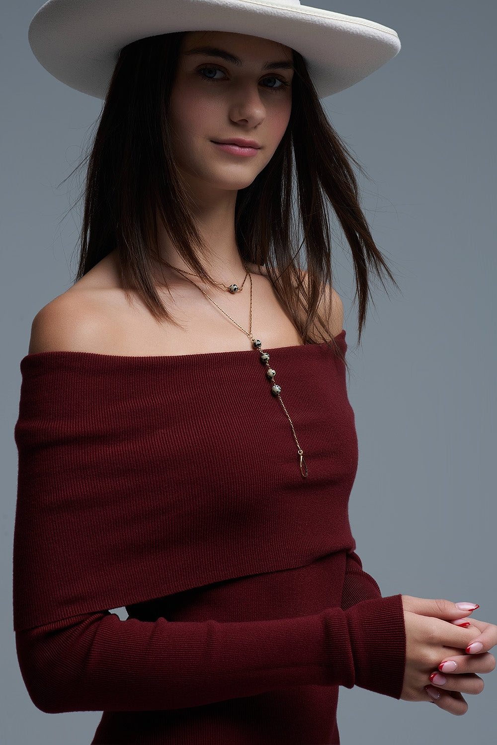 Maxi Knitted wide Bardot Dress in burgundy - Dresses