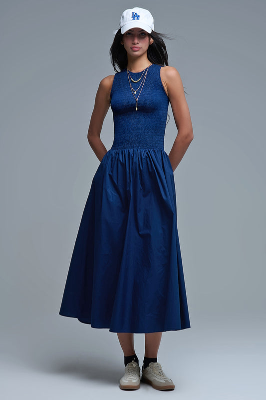 Maxi Navy Poplin Dress with smocked detail - Dresses