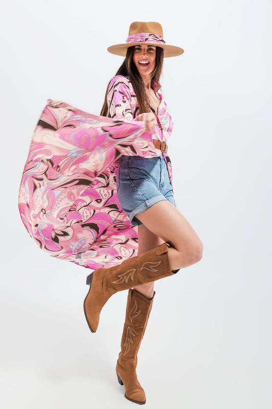 Maxi shirt dress in pink abstract print - Dresses