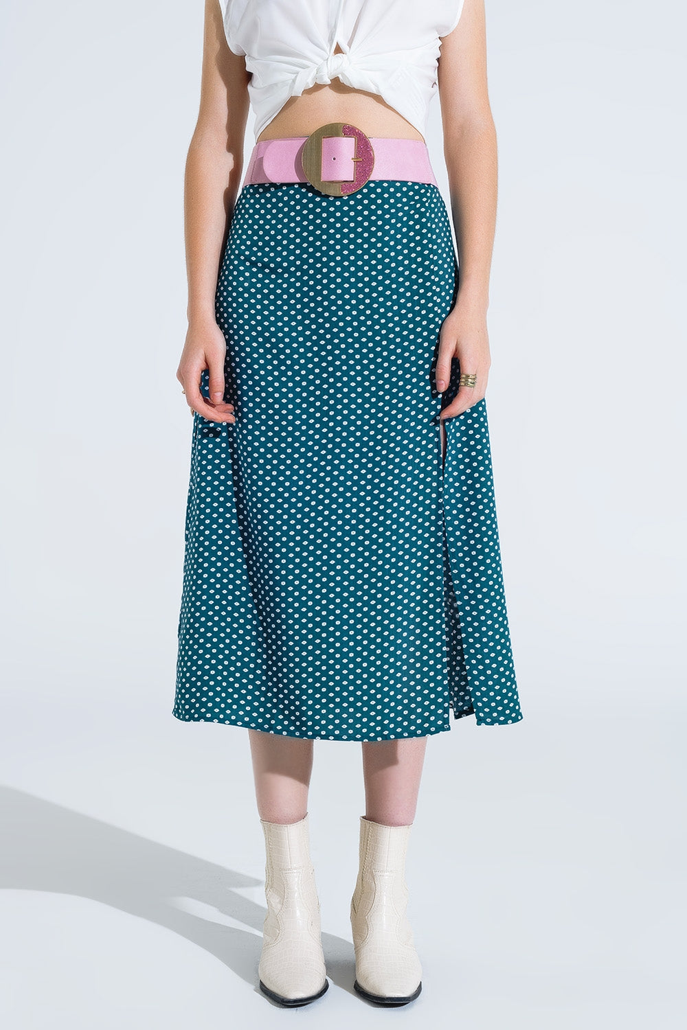 Maxi Skirt in Green With Flower Print and Side Slit Q2 Skirts BoutiqueLua