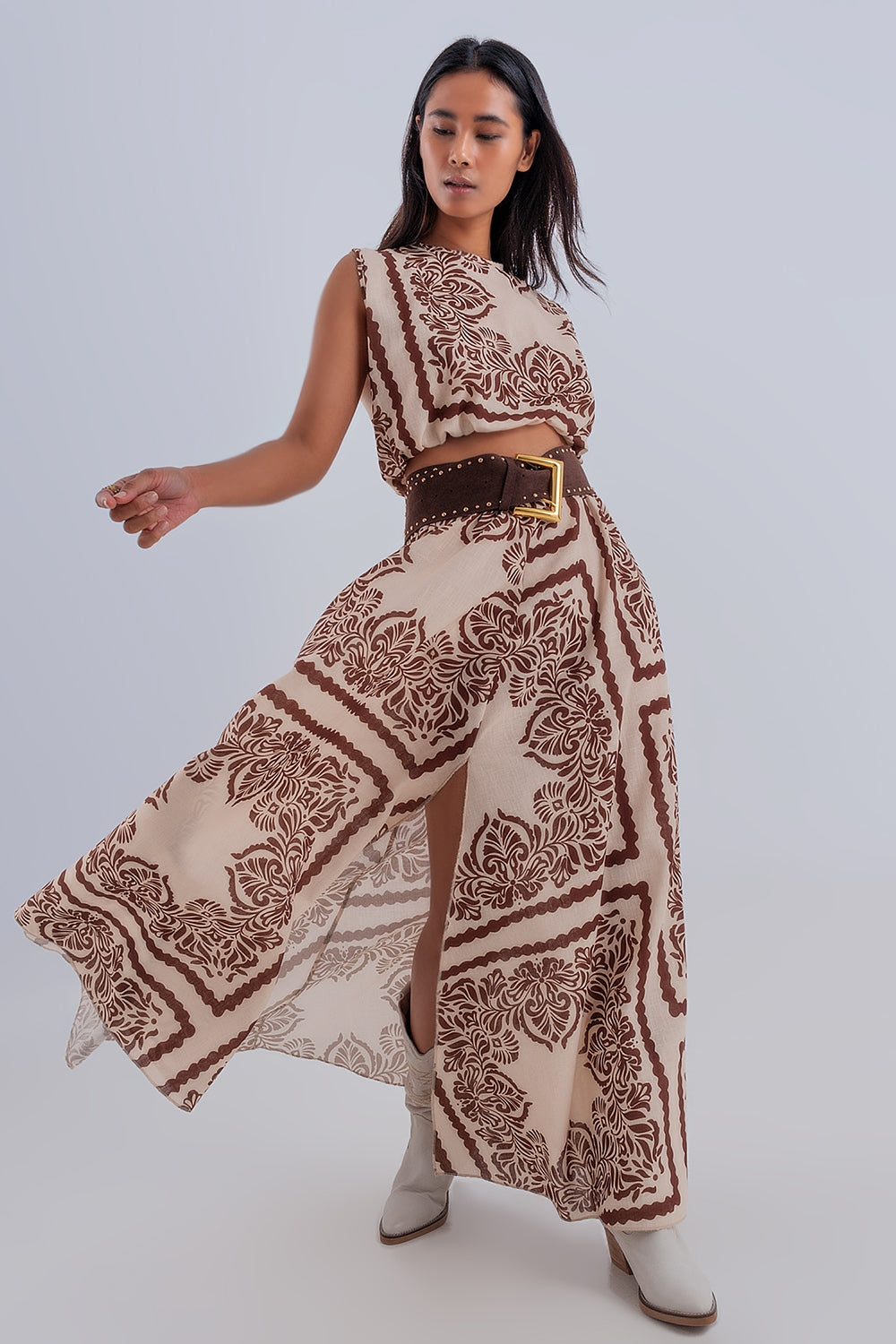 Maxi skirt with split in beige and brown geo print - Skirts