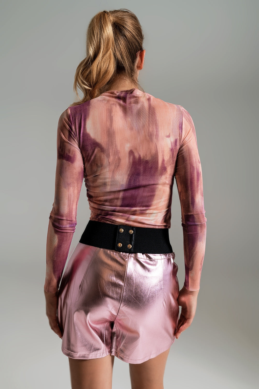 Mesh Top Rouched At The Side In Abstract Pink Print - Tops