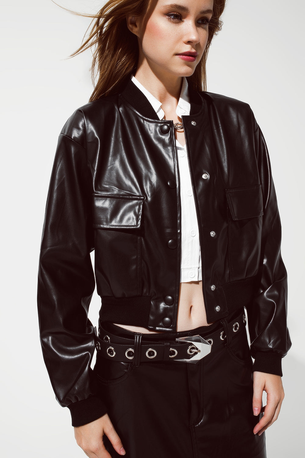 Metallic Bomber Jacket With Front Pockets in black - Jackets