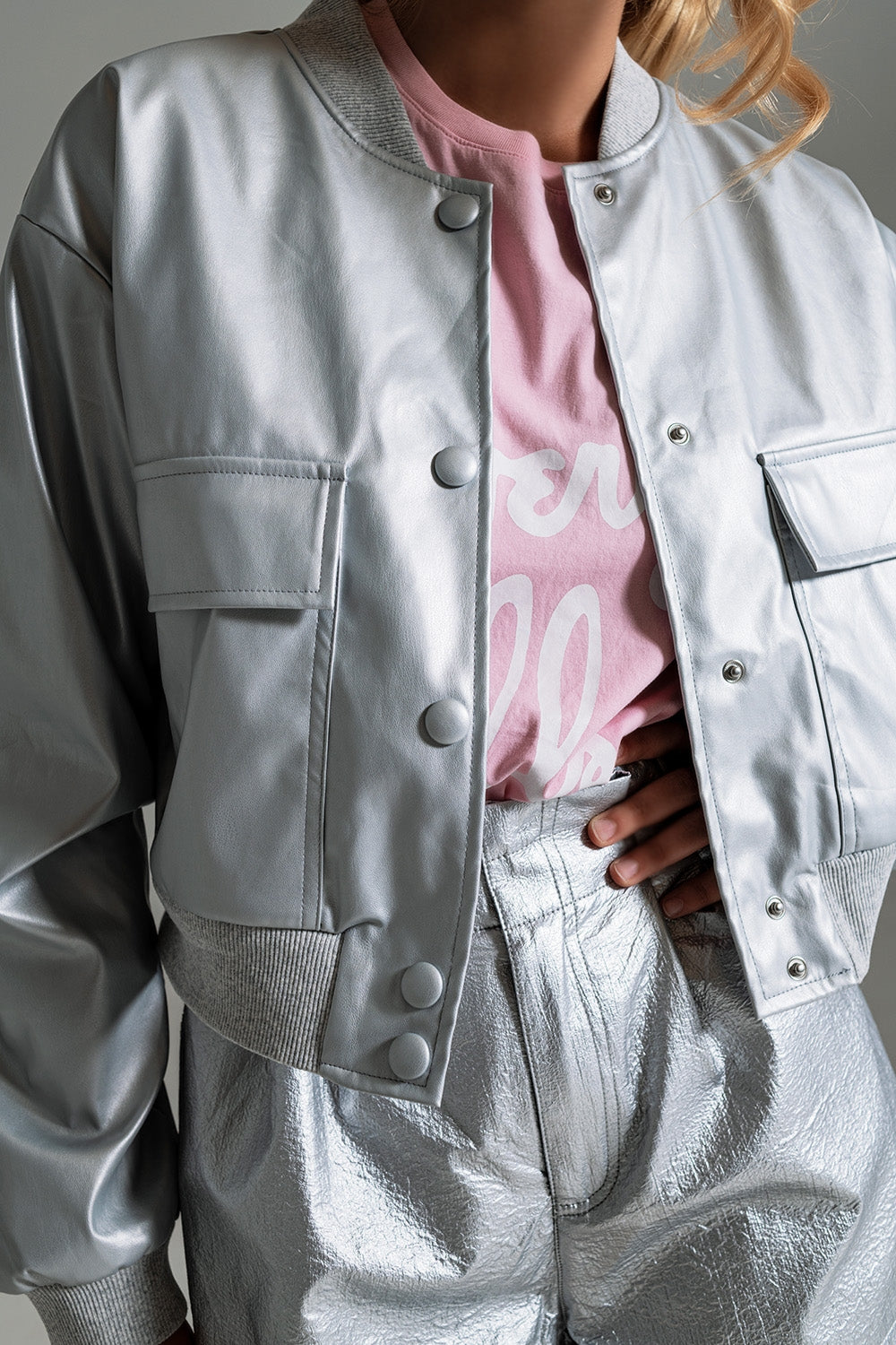 Metallic Bomber Jacket With Front Pockets in Silver Q2 Coats and Jackets BoutiqueLua