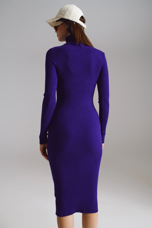 Midi Bodycon Knitted Dress With Turtle Neck in Purple - Dresses
