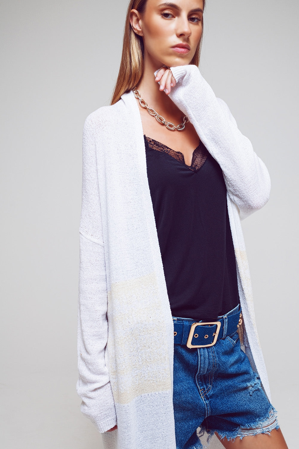 Midi Colourblock Cardigan in White Q2 Sweaters BoutiqueLua