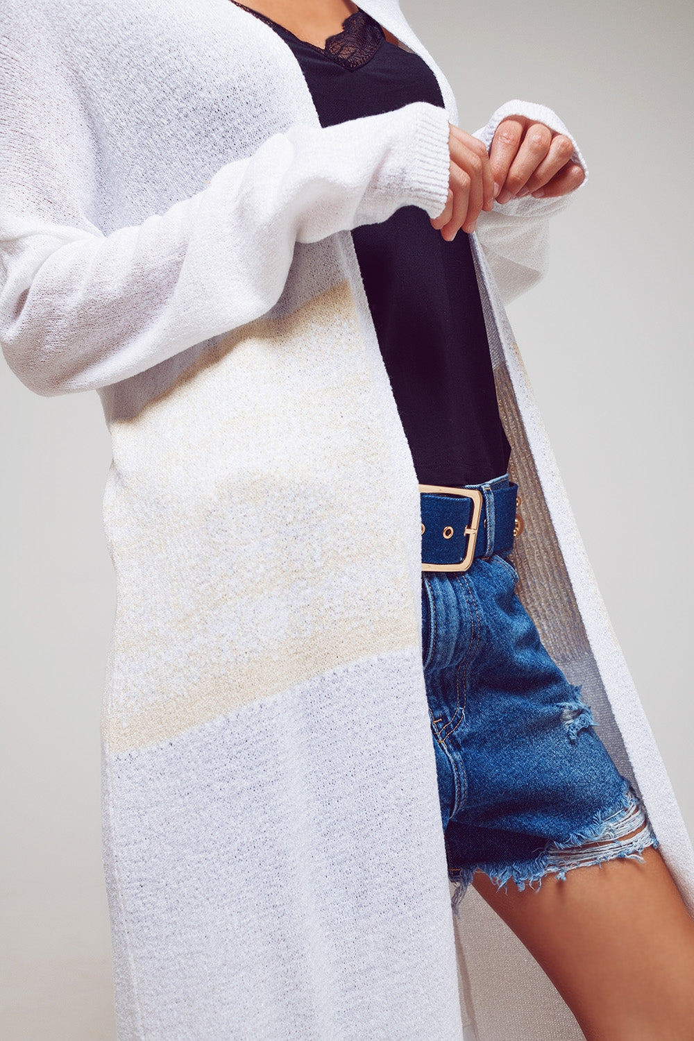 Midi Colourblock Cardigan in White Q2 Sweaters BoutiqueLua