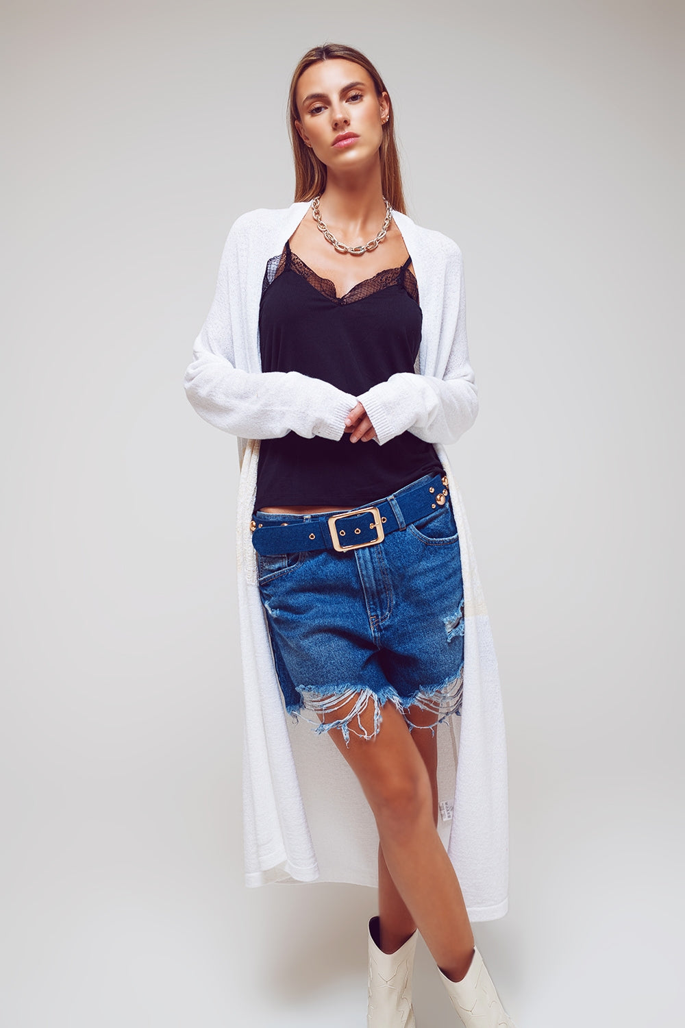 Midi Colourblock Cardigan in White Q2 Sweaters BoutiqueLua