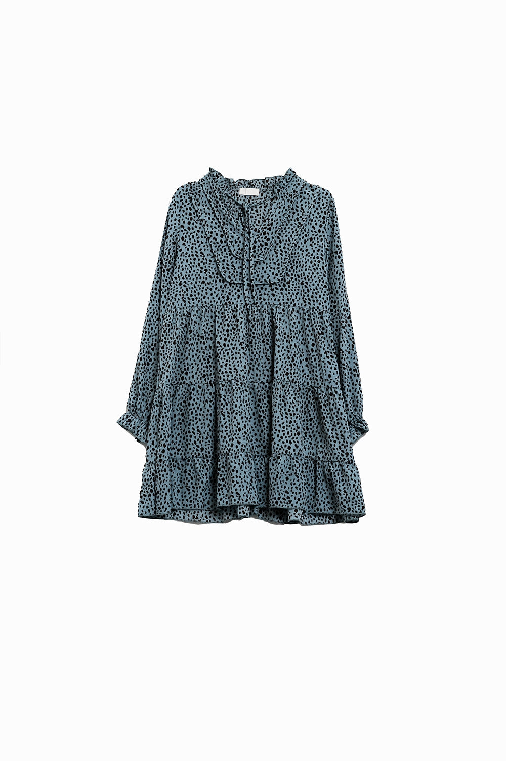 Midi Dress in Blue With Black Animal Print and Long Sleeves - Dresses