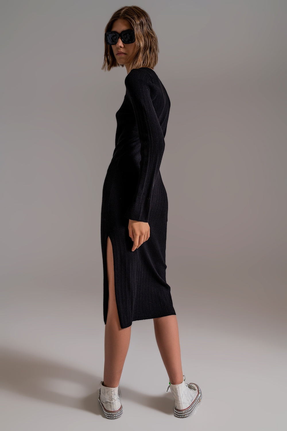 Midi Knit Dress With Square Neckline in Black Q2 Dresses BoutiqueLua