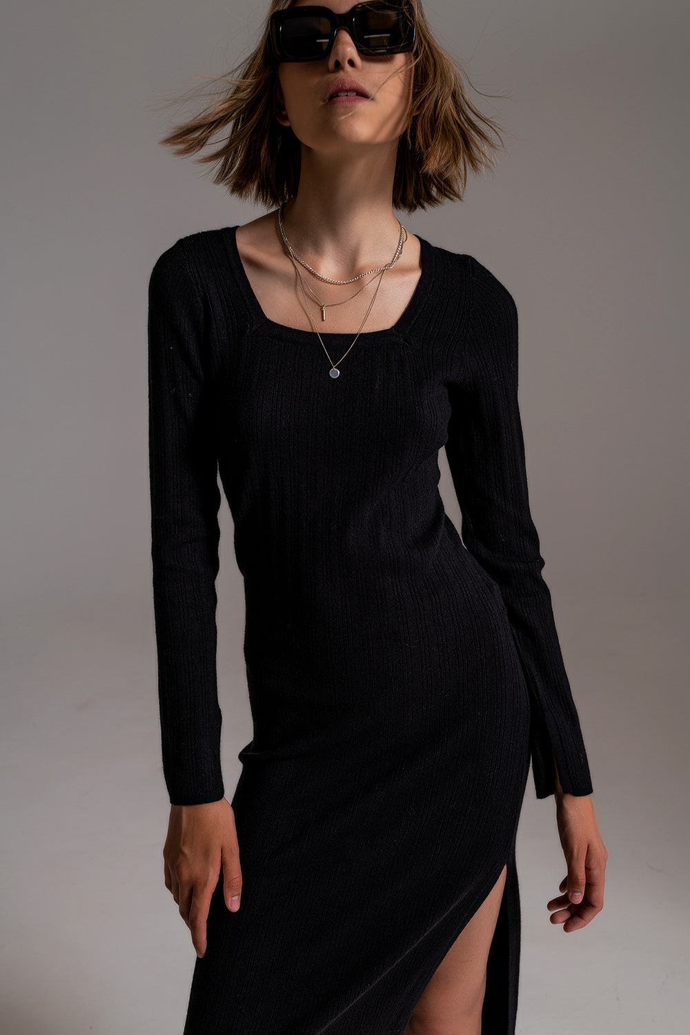 Midi Knit Dress With Square Neckline in Black Q2 Dresses BoutiqueLua