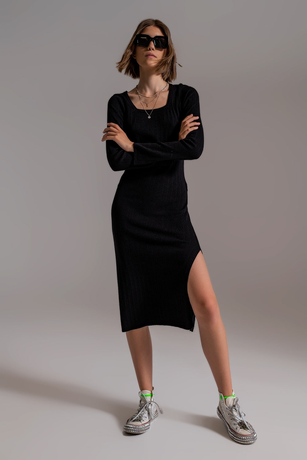 Midi Knit Dress With Square Neckline in Black Q2 Dresses BoutiqueLua