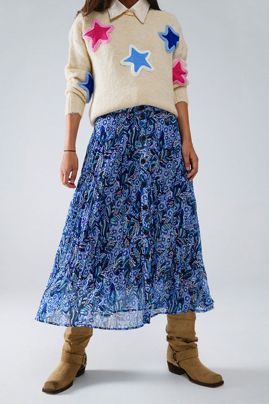 Midi Pleated Skirt In Blue Abstract Print With Button Placket - Skirts