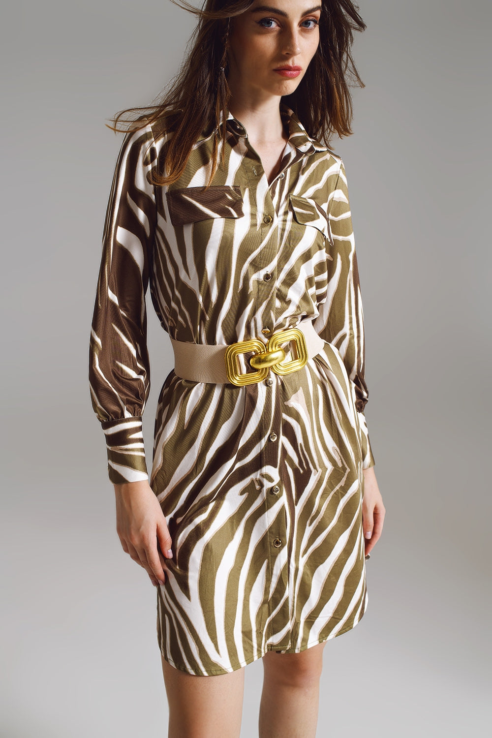 Midi short dress with zebra print in white and olive green Q2 Dresses BoutiqueLua