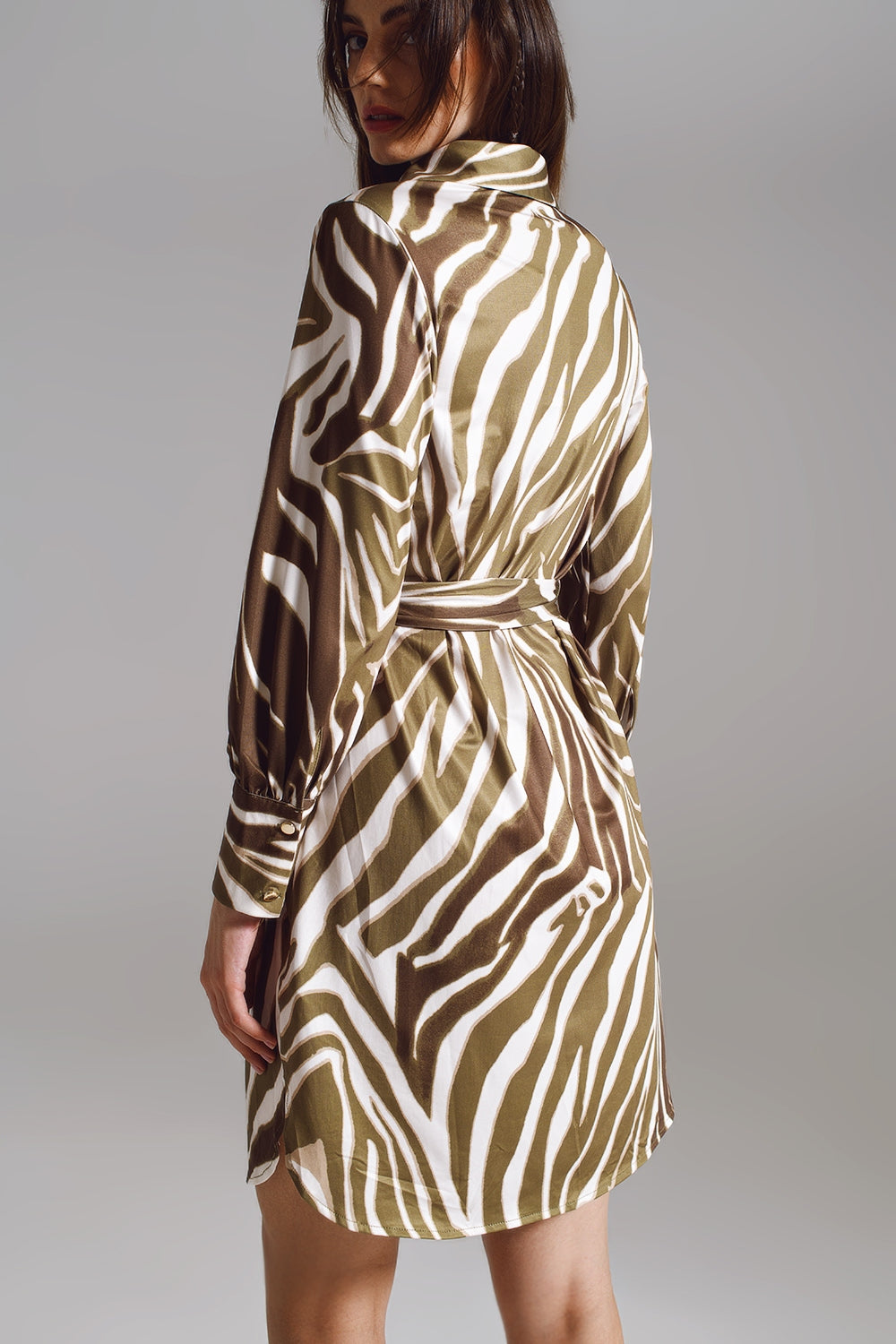 Midi short dress with zebra print in white and olive green Q2 Dresses BoutiqueLua