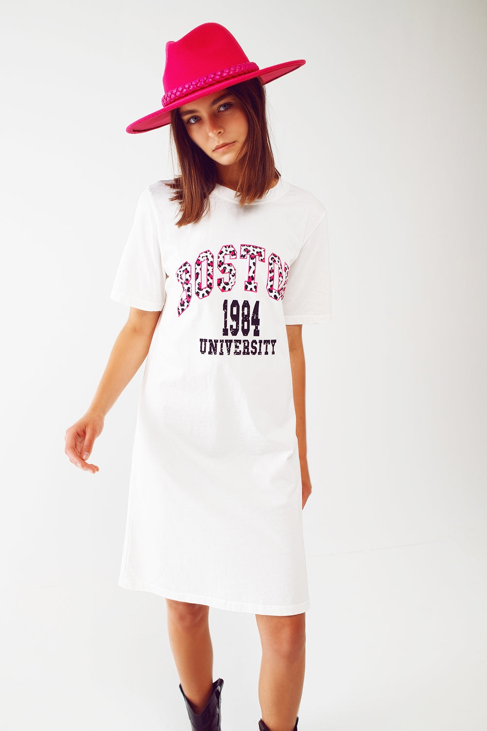 midi t-shirt dress in white boston 1984 university Q2 Dresses BoutiqueLua