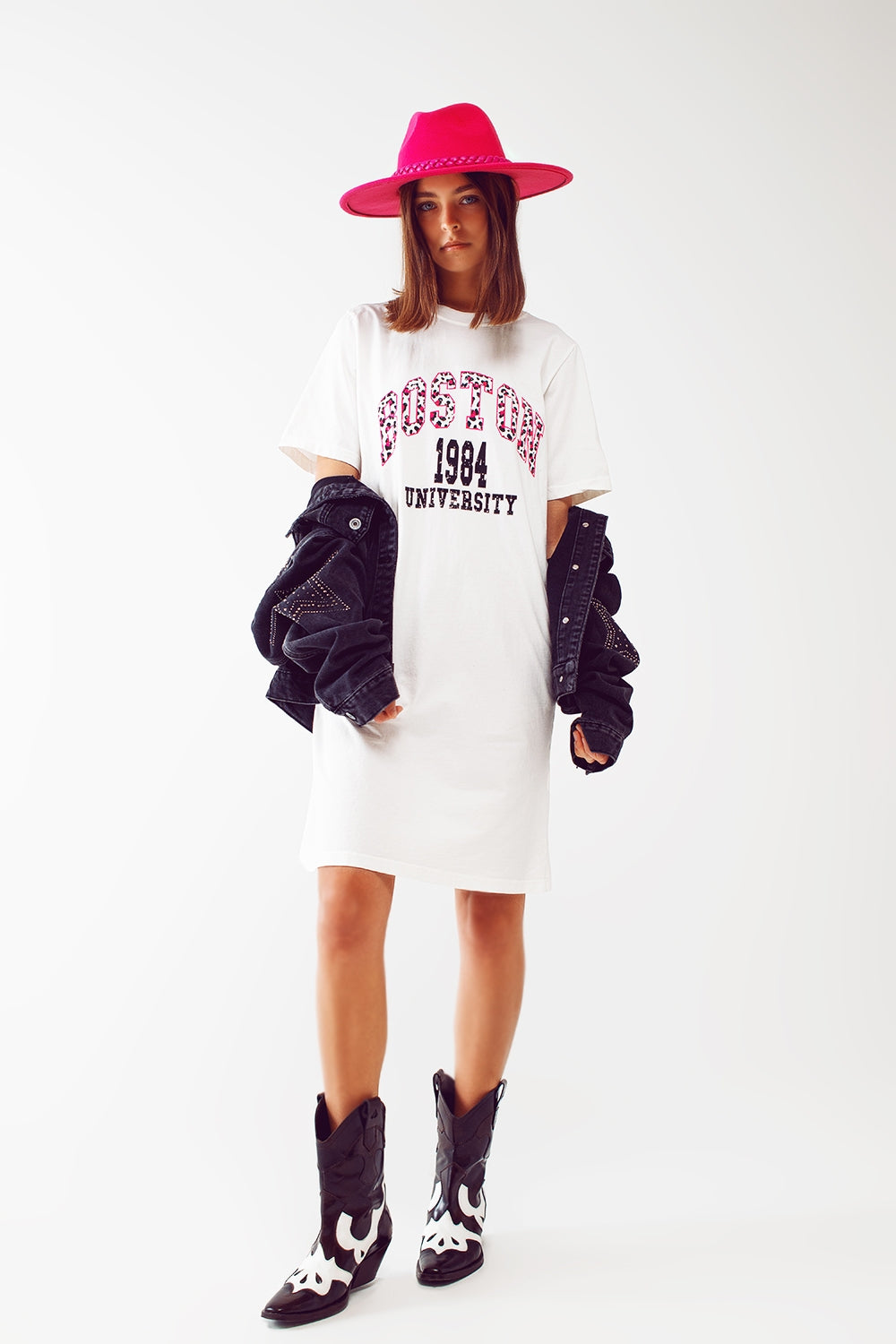 midi t-shirt dress in white boston 1984 university Q2 Dresses BoutiqueLua