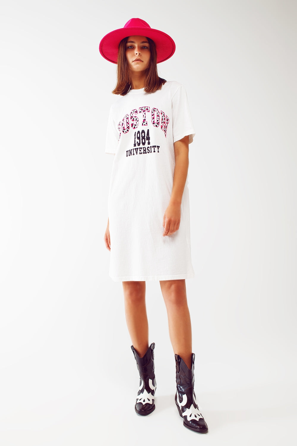 midi t-shirt dress in white boston 1984 university Q2 Dresses BoutiqueLua