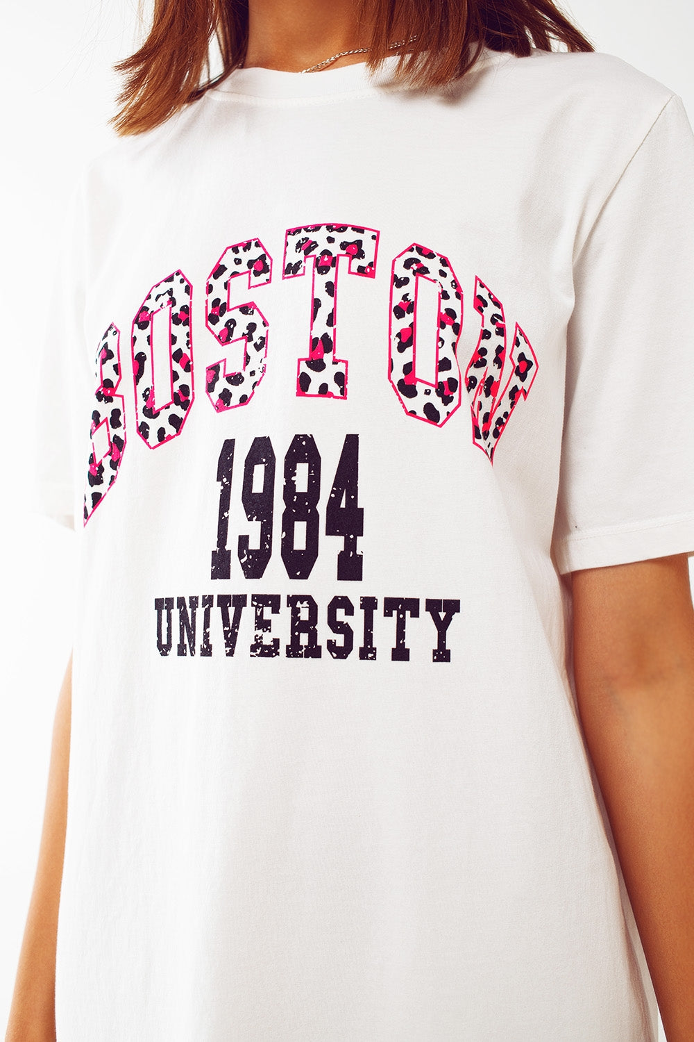 midi t-shirt dress in white boston 1984 university Q2 Dresses BoutiqueLua