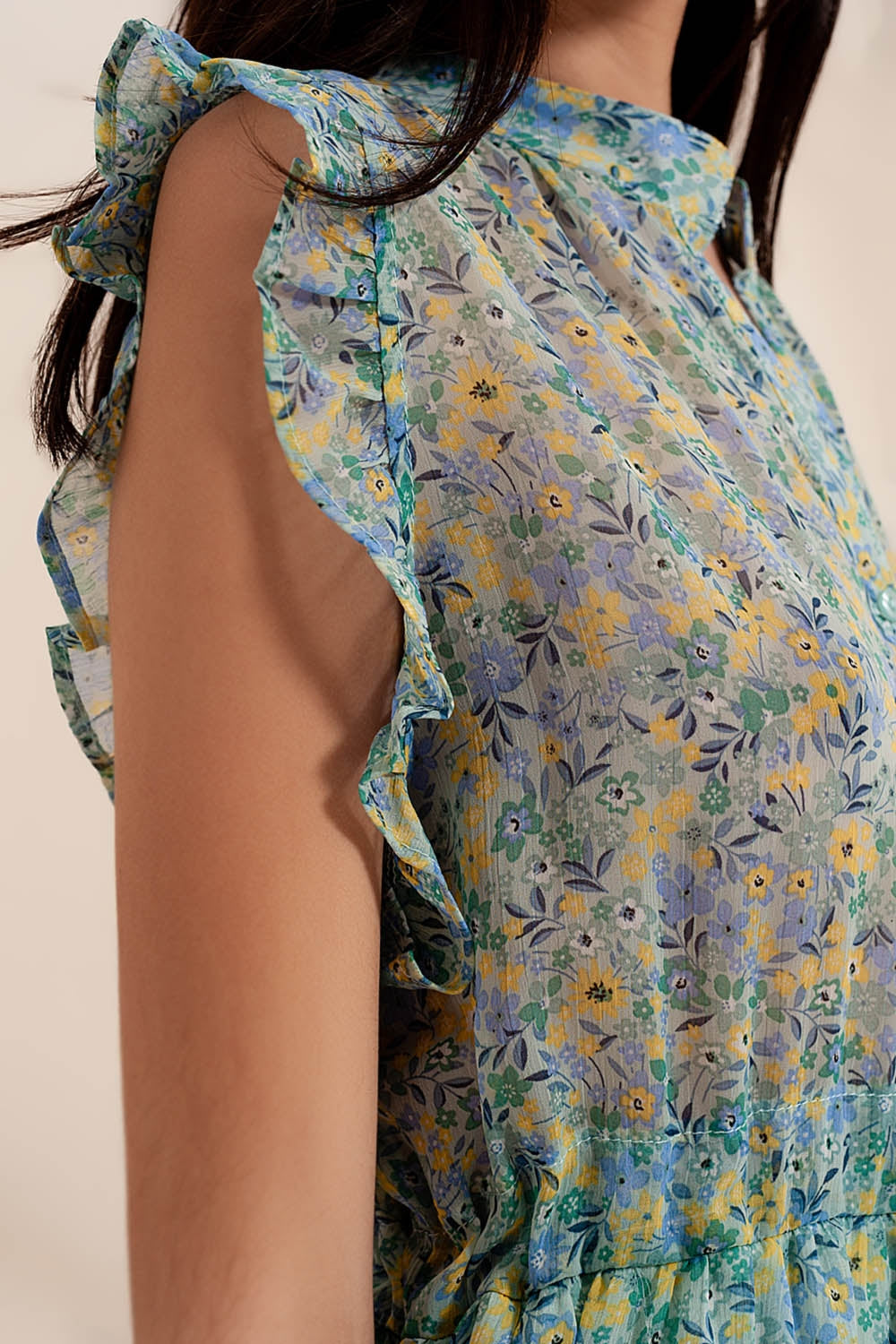Mini dress with ruffle trims in vintage floral in green Q2 Dresses BoutiqueLua