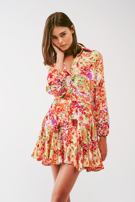 Mini Dress With Ruffles in Multicolor Floral Print - Dresses
